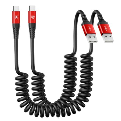 Coiled USB A to USB C Cable for Car 6FT 2Pack USB C Charger Cable Fast - color: Red, size: 6FT