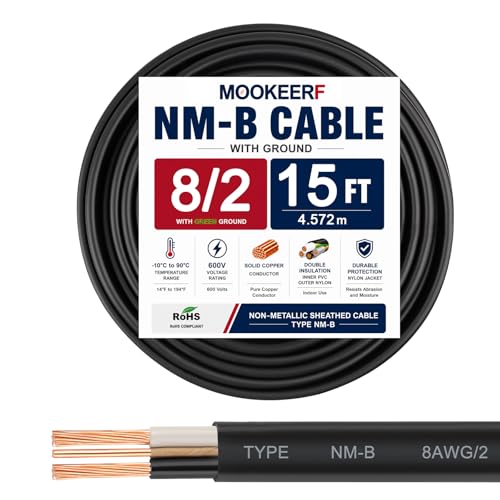 8/3 Wire with Ground - 15FT NM-B 8 Gauge Non-Metallic Sheathed Cable 100% Pure Copper 8 AWG 3 Conductor Residential Indoor Wire for Outlets, Switches, Other Loads and Lighting Wiring Projects etc. - size: 15FT, style: 8AWG/3
