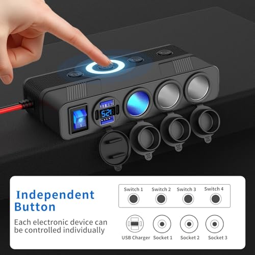 3-Socket Cigarette Lighter Splitter,108W Multi Port Outlet Car Charger PD30W and 4 USB-A QC3.0 18W with LED Display 12V/24V Vehicle Super Fast Adapter for GPS, Dash Cam, iPhone, Car