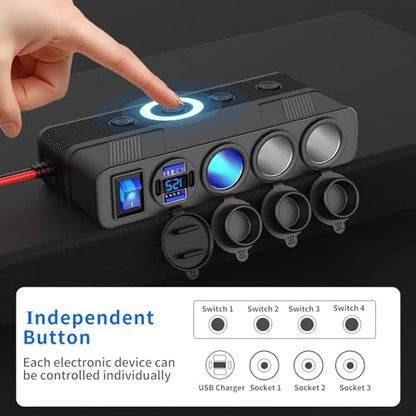 3-Socket Cigarette Lighter Splitter,108W Multi Port Outlet Car Charger PD30W and 4 USB-A QC3.0 18W with LED Display 12V/24V Vehicle Super Fast Adapter for GPS, Dash Cam, iPhone, Car