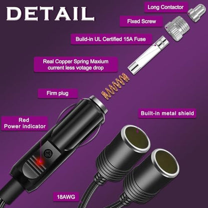 1 to 2 Car Cigarette Lighter Splitter 12V-24V DC Dual Power Charger Port 11 Inch UL Extension Wire 2 Way Y Adapter with 15A Fuse Dust Cover Cable Ties for RV Truck Boat