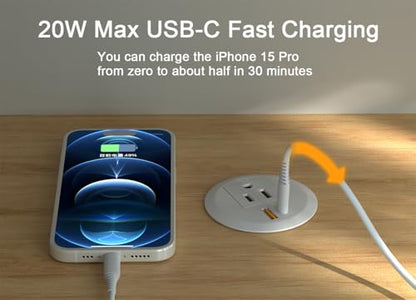 2-inch Small Desktop Power Grommet,PD20W USB-C,6.4ft Cord,White - size: White,6.4 ft Cord