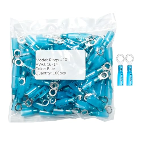 100pcs #10 Blue Heat Shrink Ring Connector,AWG 16-14 Gauge Tinned Red Copper 0.7mm Ring Terminals Connectors Reliable Connection for Easy Electrical Wiring - color: Blue, size: rings #10