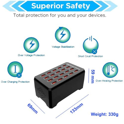 MaxLax 20-Port USB Charger Station, 100W/20A, Compatible with Smartphones, Tablets, and Other USB Devices - color: Black-20 port