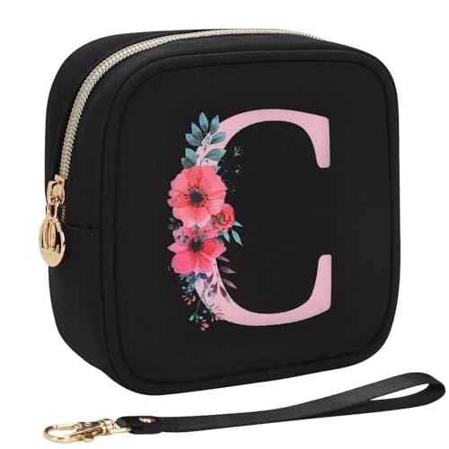 Relavel Initial Mini Makeup Bag for Girls, Small Makeup Bag for Purse with Zipper ＆ Removable Handle, Portable Makeup Pouch Lipstick Skincare Bag, Small Gift Cosmetic Bags for Women Girls(Black C) - size: A-Small, style: C