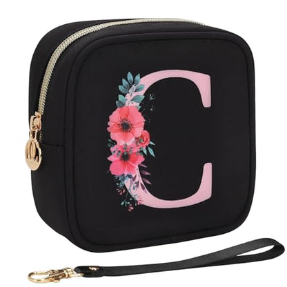 Relavel Initial Mini Makeup Bag for Girls, Small Makeup Bag for Purse with Zipper ＆ Removable Handle, Portable Makeup Pouch Lipstick Skincare Bag, Small Gift Cosmetic Bags for Women Girls(Black C) - size: A-Small, style: C