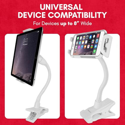 Macally Clip On Tablet Holder | Gooseneck iPad Holder for Bed, Stroller, Airplane, Desk (Universal Tablet Compatibility) Strong and Secure iPad Arm Mount, Tablet Clamp Mount, Kindle Holder - color: White