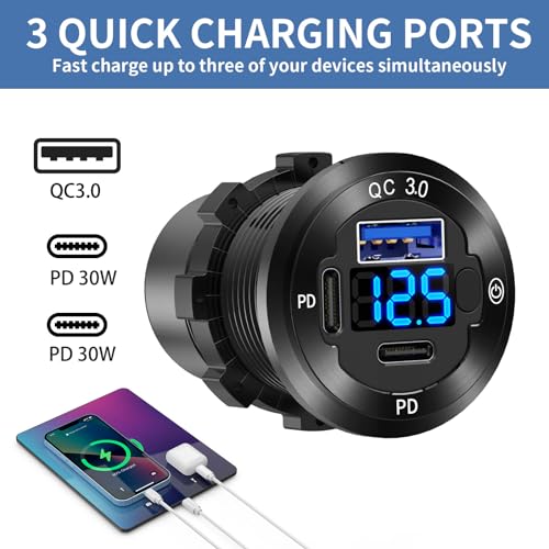 12V USB Car Socket Round USB C 12V Outlet, 3-Port Marine Fast Charger Waterproof Cigarette Outlet Replacement Aluminum with Switch & Voltmeter, Suitable for Boat Golf Cart RV Motorcycle Truck - color: pack of one
