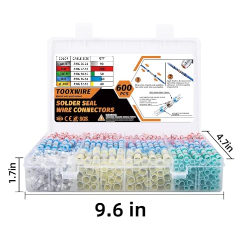 600PCS Solder Seal Wire Connectors, Heat Shrink Wire Connectors Kit, Waterproof Heat Shrink Butt Connectors for Marine Automotive Boat Truck RV Wiring, AWG 26-10, 5 Sizes