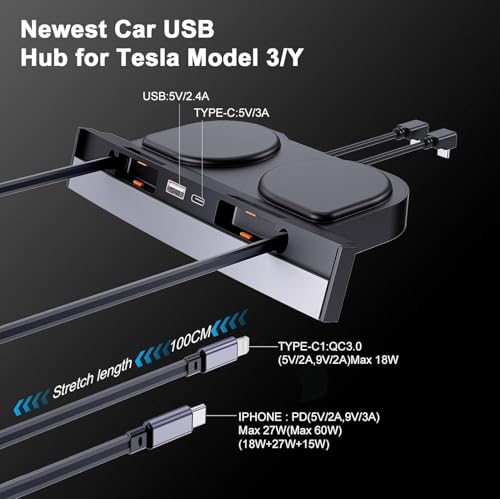 USB Hub for Tesla Model 3, Model Y 2021 2022 2023 USB-C & Lightning Cables - Fast Charger for Tesla Model Y and 3 Accessories, Retractable Phone USB Charger Hub 4-Ports (Not Fit Model 3 2024)