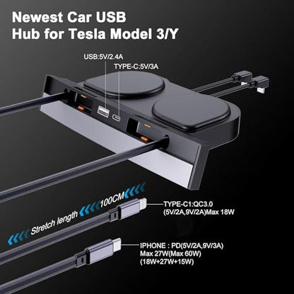 USB Hub for Tesla Model 3, Model Y 2021 2022 2023 USB-C & Lightning Cables - Fast Charger for Tesla Model Y and 3 Accessories, Retractable Phone USB Charger Hub 4-Ports (Not Fit Model 3 2024)