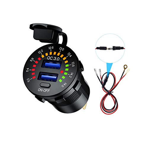 QC3.0 Dual USB Car Charger Socket, 12V 24V USB Outlet Fast Charge with LED Voltmeter & Switch and Cable