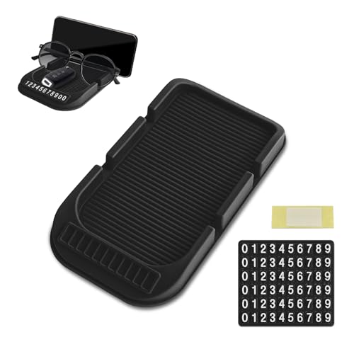 Car Dashboard Anti-Slip Mat Cell Phone Holder, Double-Groove Sticky Gel Pad with Number Plate, Multifunctional Car Dash Storage Mat for Navigation Smartphone Sunglass Keys (Black) - color: Black