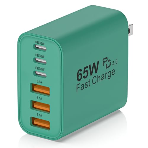 65W USB C Charger Block,6-Port Multi Device Fast Charger PD QC Wall Adapter - color: Green, size: 65w
