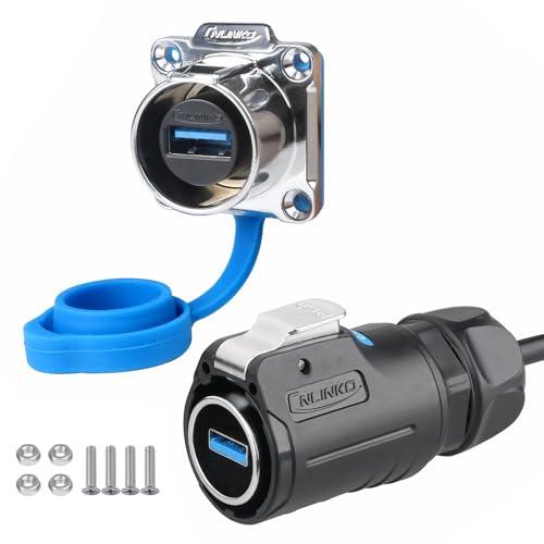 CNLINKO LP-24 USB3.0 Connector Set,Type A Female，Male Plug with 20 Inches Cable, Panel Mount Receptacles Socket IP67 Data Waterproof Connector M24 (USB Set) - size: Set, style: M24 USB Connectors