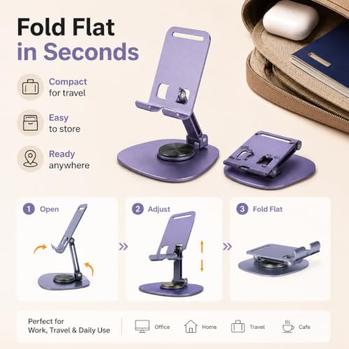 Purple 360° Rotating Aluminum Cell Phone Stand for Desk, Foldable Heavy Duty Tablet Holder, Cute Mechanical Fidget Desktop Mount for iPad Phone Live Streaming Gaming Office Setup - color: PURPLE