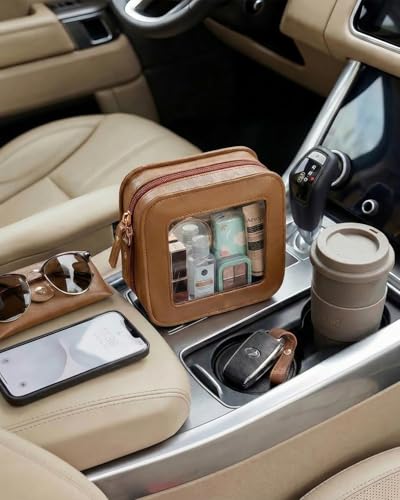 LETGO Clear Makeup Brush Bag Pouch, Waterproof PU Leather Portable Makeup Bag Holder with Transparent Window, Travel Lipstick Case Pouch Car Organizer and Storage, Square, Brown - color: Brown, style: Square