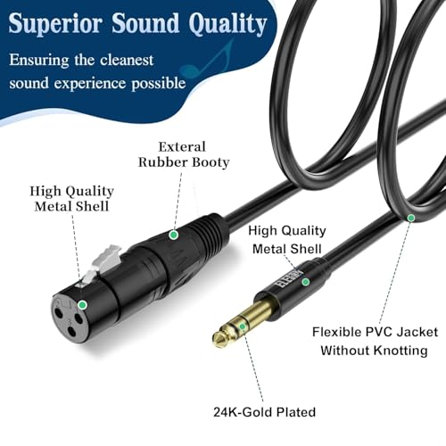Elecan 6.35mm (1/4 Inch) TRS Male to XLR Female Cable 6 Ft, Balanced Professional Shielded Stereo Microphone Cable Cord, Gold Plated for Mixer AMP Speaker Amplifier with 6.35 to 3.5mm Adapter+Ties - size: 6FT, style: 6.35mm to XLR Female