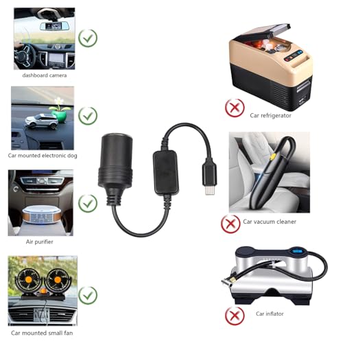 USB C Male to 12V Car Cigarette Lighter Female Power Converter Cable 1FT, USB C 5V to 12V boost power adapter cable, for Driving Recorders, GPS and Other 12W