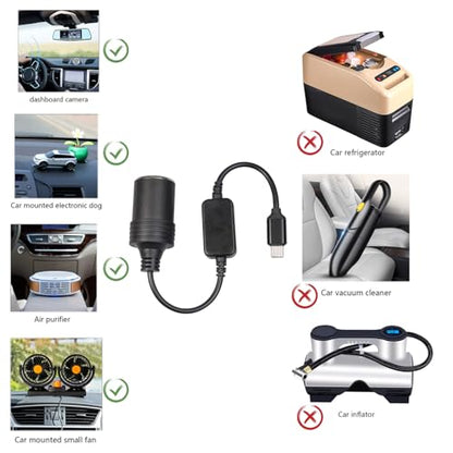USB C Male to 12V Car Cigarette Lighter Female Power Converter Cable 1FT, USB C 5V to 12V boost power adapter cable, for Driving Recorders, GPS and Other 12W