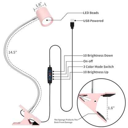 Dott Arts Desk Lamp,USB Clip On Light with 3 Color Modes,LED Reading Lamp - color: Pink