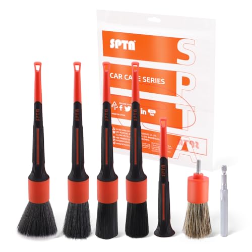 Car Detailing Brush Set, 5 Pack SPTA V2.0 Soft Boar Hair Auto Detail Brush Kit with Drill Adapter, for Automotive Interior Exterior Dashboard Engine Bay Seat Leather, Can be Used in Electric Drills - color: 5pcs Car Detailing Brush Set With Adapter