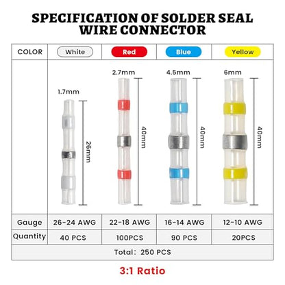 RED WOLF Solder Seal Wire Connector Kit 250 PCS Electrical Heat Shrink Butt Connector for Marine Automotive Boat Truck Home Waterproof Electronics Insulated Splice Joint Wire Terminals