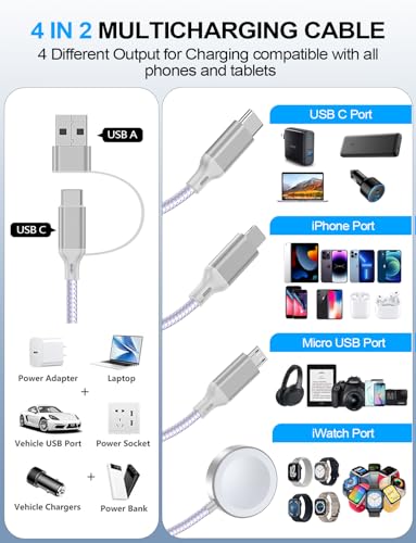 4-in-2 Multi Charging Cable for Apple Watch Charger/iPhone/Galaxy Charger - color: 1-Purple, size: 1.8M