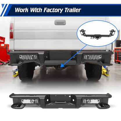 Rear Step Bumper Compatible with Ford F-150 2006-2014, Back Bumper for Ford F150 06-14 w/Shackle Mounting Bracket, Parking Sensor Holes, License Plate Lights Mounting Hole, Spare tyre Operating Hole