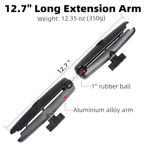 Dual Extension Double Socket Arm with 1" Double Ball Adapter Compatible with RAM B Size Mount and Other 1 inch Industry Standard Device, 360° Rotation Rod for Bike, Truck, Car (12.7" Length) - size: 12.7" length