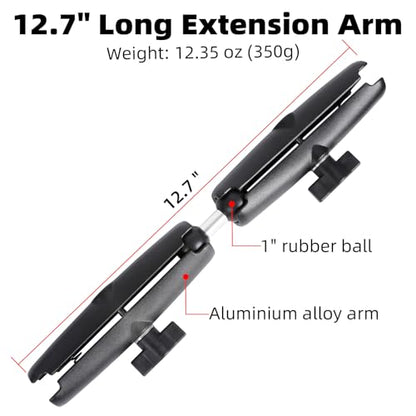 Dual Extension Double Socket Arm with 1" Double Ball Adapter Compatible with RAM B Size Mount and Other 1 inch Industry Standard Device, 360° Rotation Rod for Bike, Truck, Car (12.7" Length) - size: 12.7" length