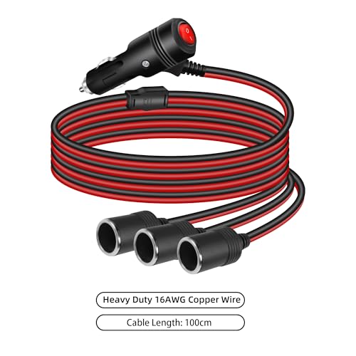 GELRHONR 12V 1 to 3 Cigarette Lighter Splitter Power Adapter, 3 Way Cigarette Lighter Extension Cord with ON Off Switch, Male Plug to Dual Female Socket Extension Cable-1M(1 to 3) - size: 1M, style: 1 to 3