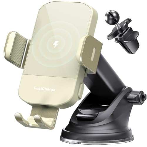 Wireless Car Charger, 15W Fast Charging Auto Clamping Car Charger Phone Mount Phone Holder fit for iPhone 15 14 13 12 11 Pro Max Xs, Samsung Galaxy S24 Ultra S23 S22 S21, S20, S10+, Khaki - color: Khaki