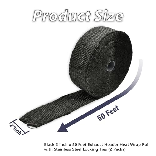 Black 2" x 50' Exhaust Header Heat Wrap Roll with 10PCS Stainless Steel Locking Ties for Motorcycle Cars Heat Shield（2 Packs） - size: 2" x 50'-2PC-Black