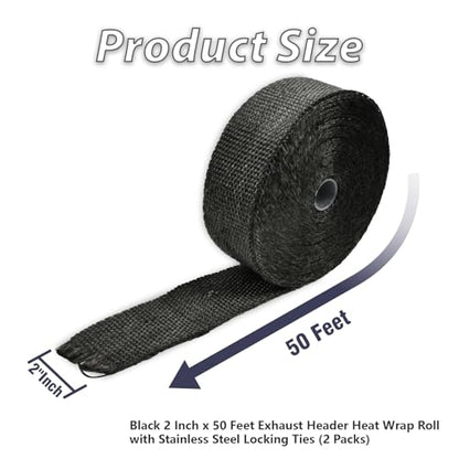 Black 2" x 50' Exhaust Header Heat Wrap Roll with 10PCS Stainless Steel Locking Ties for Motorcycle Cars Heat Shield（2 Packs） - size: 2" x 50'-2PC-Black