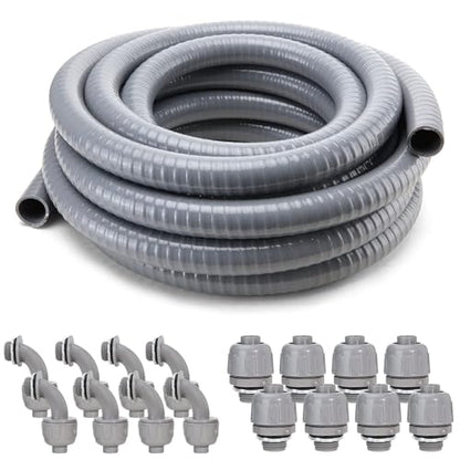 DWALE Liquid-Tight Conduit and Connector Kit,Flexible Non Metallic Liquid Tight Electrical Conduit,1/2inch 50ft Electrical Conduit Kit,with 8 Straight and 8 Angle Fittings Included,1/2 in. Dia - size: 50FT-1/2"