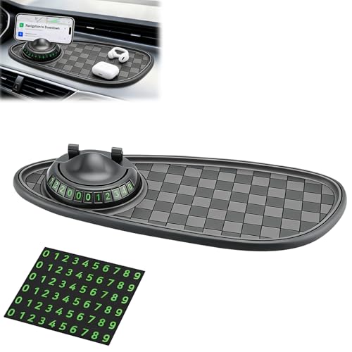 Multifunctional Car Anti Slip Mat with 360° Rotating Phone Holder, Dashboard Organizer for Sunglasses & Keys, Includes Temporary Parking Number Plate - Car Accessories for Women (Black-Gray)
