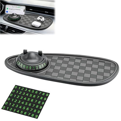 Multifunctional Car Anti Slip Mat with 360° Rotating Phone Holder, Dashboard Organizer for Sunglasses & Keys, Includes Temporary Parking Number Plate - Car Accessories for Women (Black-Gray)