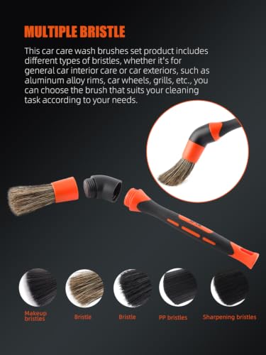SPTA Car Detailing Brush Set, 5 Pack Soft Boar Hair Auto Detail Brush Kit with Elbow for Automotive Elegant Surface Interior Exterior Dashboard Emblems Panels Engine Bay Wheels Air Vent Seat Leather - color: 5pcs Car Detailing Brush Set With Elbow