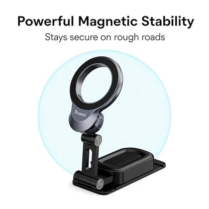 Trusmi Magnetic Car Phone Holder, Dashboard Mount Compatible with MagSafe, 360° Foldable Adhesive Car Phone Mount with Metal Plate, for iPhone 17/16/15/14/13/12, Samsung Galaxy S26/S25/S24, Pixel etc