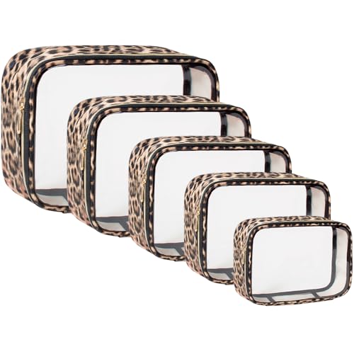 TSA Approved 5 Piece Diaper Bag Organizer Pouch Set, Waterproof Clear Toiletry Bag Travel Packing Organizer Bags Clear Makeup Pouch Cosmetic Case with Zipper Car Essentials Bag - color: 5Pcs Leopard