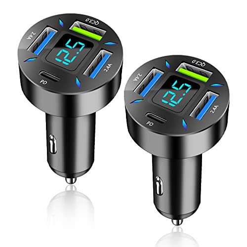 Car Charger 66W Super Fast Charging with USB C&QC 3.0(Voltmeter&LED Lights) Universal Quick Charge for 12-24V Car Cigarette Lighter Plug,Compatible with iPhone 14 13,S22,iPad(2Pcs-Black-QC/PD/2.4A) - color: 2Pcs-Black-QC/PD/2.4A