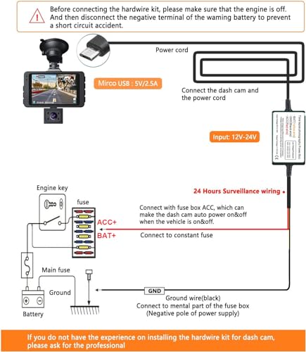 Gebildet Dash Cam Hardwire Kit, Micro USB Port, DC 12V - 24V to 5V/2.5A Max Car Charger Cable kit with Fuse, Low Voltage Protection for Dash Cam Cameras - style: Micro USB with 2 Wire