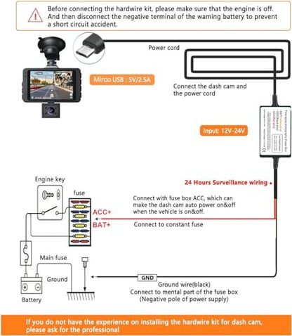 Gebildet Dash Cam Hardwire Kit, Micro USB Port, DC 12V - 24V to 5V/2.5A Max Car Charger Cable kit with Fuse, Low Voltage Protection for Dash Cam Cameras - style: Micro USB with 2 Wire