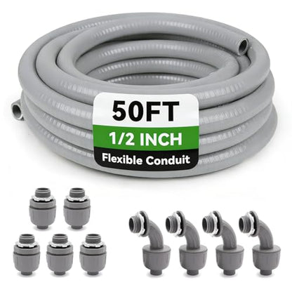 50 Foot Liquid-Tight Conduit Kit - 1/2inch Flexible Non Metallic Liquid Tight Electrical Conduit and 5 Straight and 4 Angle Fittings Included. 1/2" Dia - size: 50FT