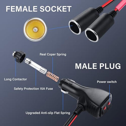 SinLoon 12V Car Cigarette Lighter Splitter Adapter with 2 Independent Switches 16AWG Cigarette Lighter 1 Male to 2 Female Sockets Y Splitter Power Cable with 15A Fuse 0.3M/1FT