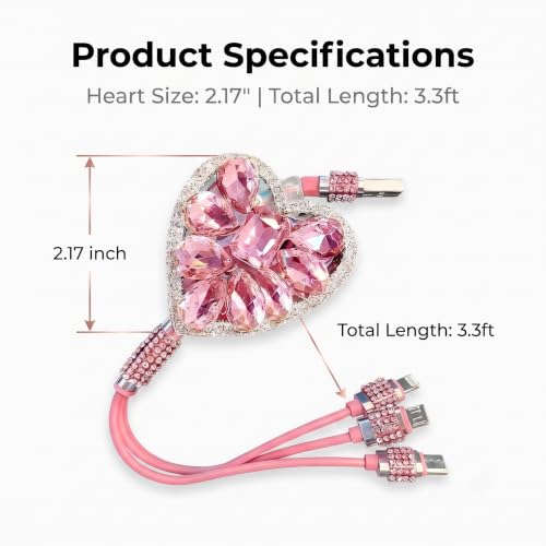 Car 3 in 1 Multi Charging Cable, Stylish Heart-shaped Diamond-studded Retractable Cable for Women/Girls, USB Multi-port Connector, Universal Car Interior Accessories (Pink)