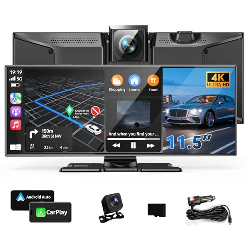 11.5" Wireless Carplay Screen for Car, Portable A pple Carplay & Android Auto Touch Screen, 4K Dash Cam/App Control/1080p Backup Camera/Mirror Link/Voice Control/GPS/Bluetooth,for All Vehicles