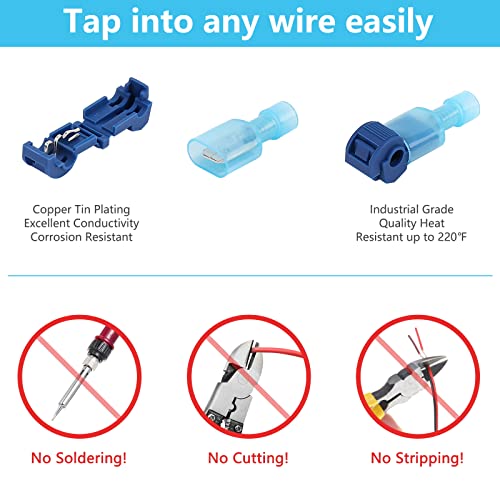 120 Pcs Quick Splice Wire Terminals, Male & Female Blue T-Tap Self-Stripping Quick Splice Connectors, Nylon Fully Insulated Quick Disconnects Kit 16-14 Gauge (60 Pairs)