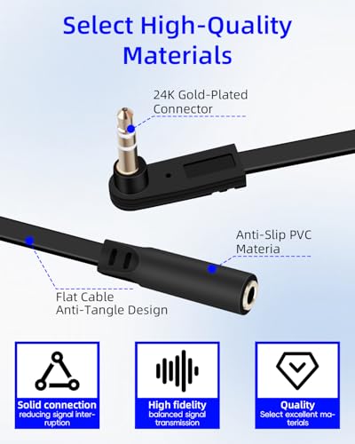 3.5mm Flat Extension Audio Cable,90 Degree 3.5mm Male to Female Flat Headphone Jacks Audio Cable for Car Audio Systems,Home Speakers,Phones,2Pack(0.15M/0.49FT) - style: 90 degree male to female